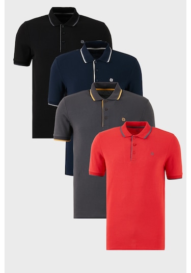 Buratti Pamuklu Slim Fit Şerit Detaylı Düğmeli Polo Yaka 4'Lü Paket Erkek T Shirt 5902118S4 Siyah-Kırmızı-Antrasit-Lacivert