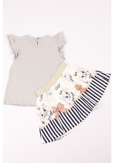 Kız Çocuk Takım Etekli Kedi Baskılı Kol Detaylı A66 Gri