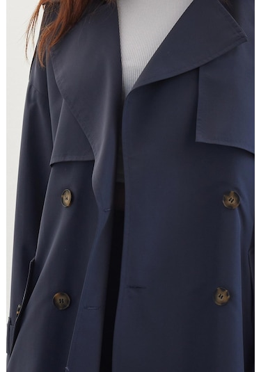 Manuka Düğmeli Kruvaze Trençkot Lacivert