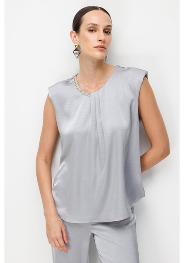 Ekol Kadın Zincir Aksesuarlı Drape Detaylı Bluz 2432 Gümüş