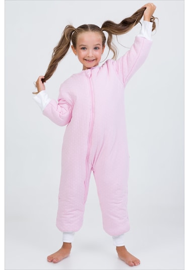 Kalın Elyaf Dolgulu Premium Kalite 2.5 Tog Desenli Unisex Çocuk Uyku Tulumu Şeker Pembe