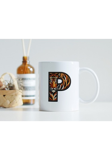 P Harfi Kaplan Figürlü Nakış Desenli Kupa Bardak - Kişiye Özel Vahşi Hayvan Desenli Kupa - Hediye Beyaz