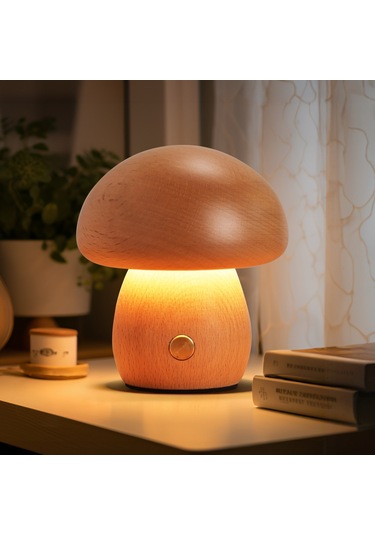 Geeroyoo Ahşap Mantar Şekilli Led Gece Lambası, Doğal Ahşap Dekoratif Masa Lambası, Bebek Odası Için Rahat Isık, Kız Çocuk Hediyesi Usb Girişli Büyük Boy A Modeli