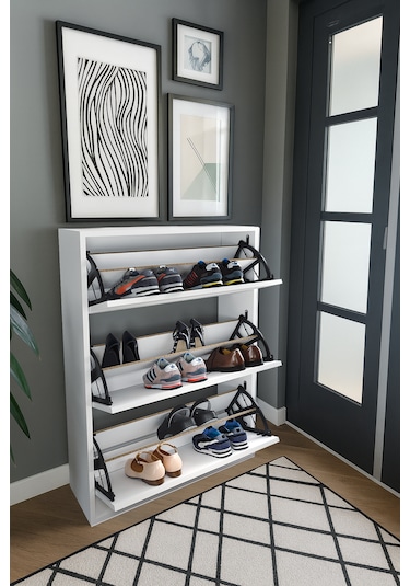 3 Bölmeli Ayakkabılık - Beyaz Beyaz