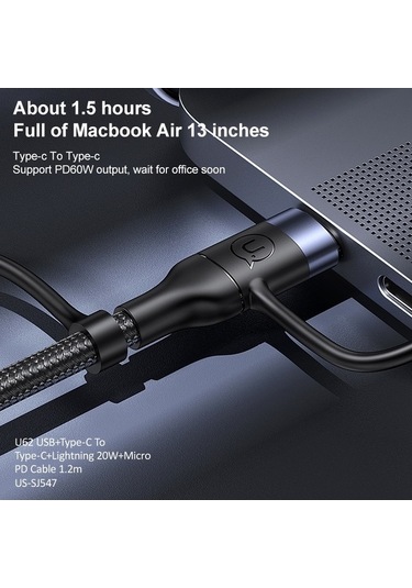 Flybuy Usams Us-sj547 U62 Usb-c + Type-c / Usb + 8 Pin + Mikro Alüminyum Alaşımlı Pd Hızlı Şarj Kablosu, 1,2 M Uzunluk