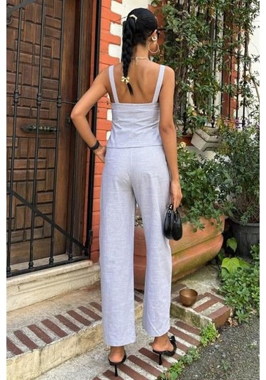 The İstanbul Kalın Askılı Bluz Pantolon Keten Takım 10187 Gri