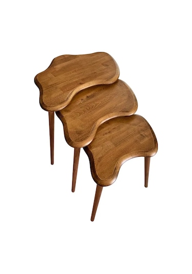 Fawdecor Asimetrik Masif Ahşap Zigon Sehpa Takımı 3'lü Set Ceviz