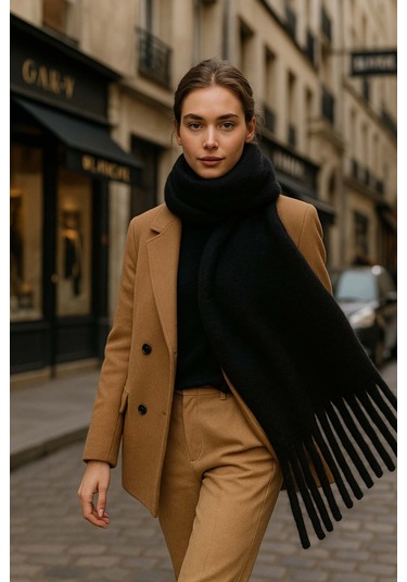 Kadın Püskül Detay Atkı Omuz Şalı 40x200 Cm 1295 Siyah Siyah