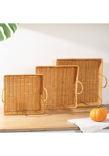 Porsima 709b Kare 3'lü Hasır Tepsi Dekoratif Sunum Servis Tepsisi