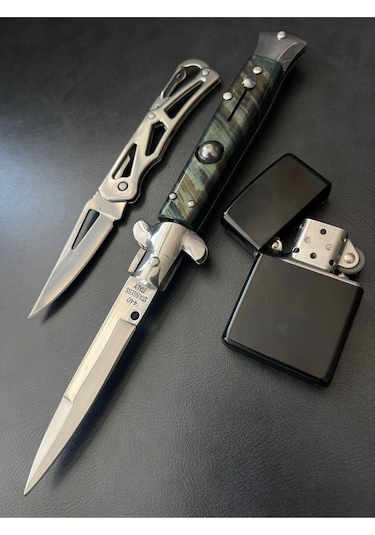 Kamp Outdoor Çelik Italyan Stletto Çakı Set Gümüş - Siyah