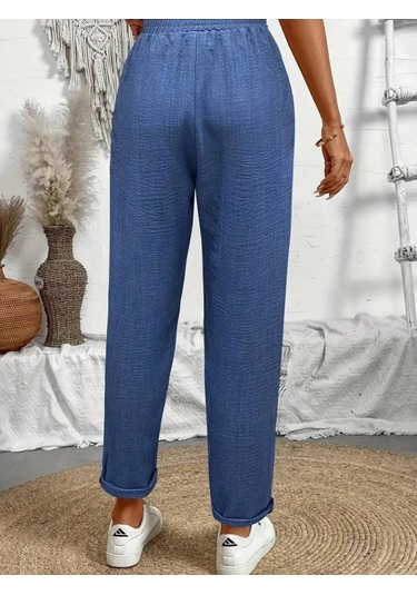 Simala Kadın Yüksek Bel Lastikli Belde Bağcık Detaylı Aerobin Pantolon Mavi