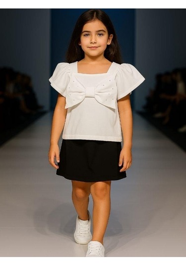 Kız Çocuk Pamuklu Fiyonklu Taşlı Bluz-15894 Ekru