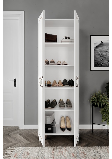 2 Kapaklı 5 Bölmeli Geniş Çok Amaçlı Ayakkabı Dolabı, Ayakkabılık Beyaz