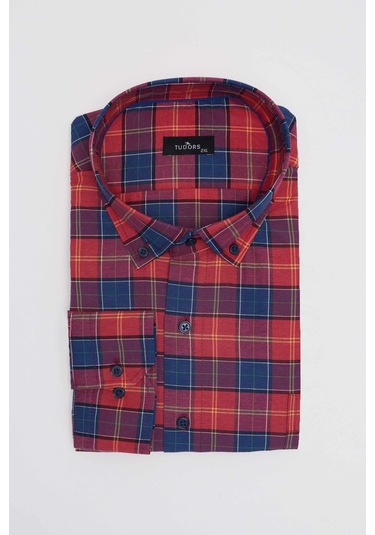 Tudors Büyük Beden Düğmeli Yaka Kareli Pamuklu Erkek Gömlek-31470-çok Renkli