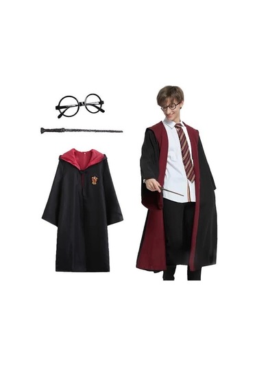 Harry Potter Gryffindor Kapişonlu Çocuk Kostüm + Asa + Gözlük Seti 9-10 Yaş