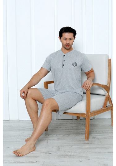 Yüksek Kaliteli Pamuk Penye: Erkekler İçin Mevsimlik 3 Parça Kısa Kollu Pijama Takımı Babalar Günü Hediyesi Gri