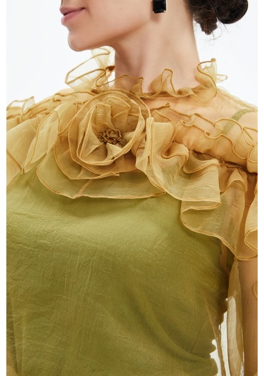 Kadın Volan Detaylı Şifon Bluz Çiçek Yaka Tasarım, Uzun Kollu Yağyeşili