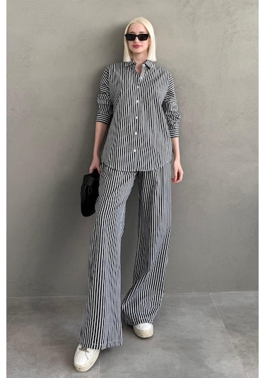 Madmext Siyah Çizgili Gömlek Pantolon Kadın Takım Mg2457 Siyah