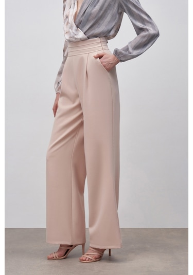 Sateen Bel Detaylı Cepli Pantolon - Bej-132327 Bej