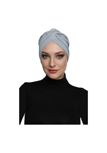 Çapraz Fitilli Penye Açık Gri Hazır Türban Tesettür Havuz Bonesi Açık Gri