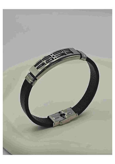 Deri Kordonlu Çelik Erkek Thunder Bileklik Siyah - Gümüş