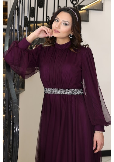 Alia Şık Taş Detaylı Büyük Beden Tesettür Abiye - Alya Mürdüm