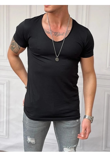 Modefendi Slim Fit Derin Açık Yaka Pamuklu Tshırt Siyah