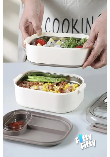 Vagonlife 1 L İki Kat Üç Bölme Paslanmaz Çelik Bento Lunch Box Sos Kaseli Mode