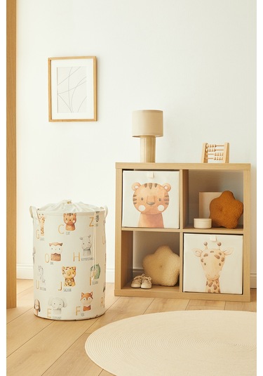 Ocean Home Textile 3'lü Çocuk Odası Sevimli Hayvanlar Kutu Sepet Set 2 Adet 33 X 30 X 33 / 1 Adet 36 X 50 Cm Ekru