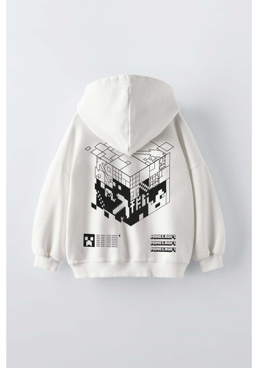 Erkek Çocuk Mınecraft Modelli Pamuk Kapşonlu Sweat Ekru