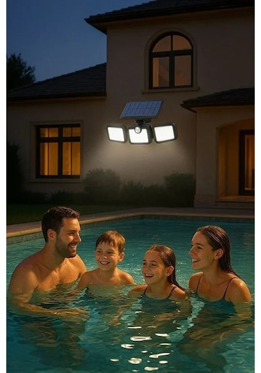 Üçlü Solar Led Projektör Beyaz Işık Sensörlü Dış Mekân Aydınlatma 5468