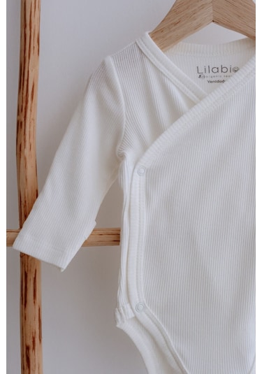 Lilabio %100 Pamuk Kendinden Eldivenli Uzun Kollu Kaşkorse Kimono Bebek Body Ekru