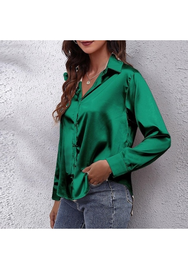 Kadınlar Katı Saten Gömlek Uzun Kollu Düğmeler Casual Gömlek, Renk Siyah