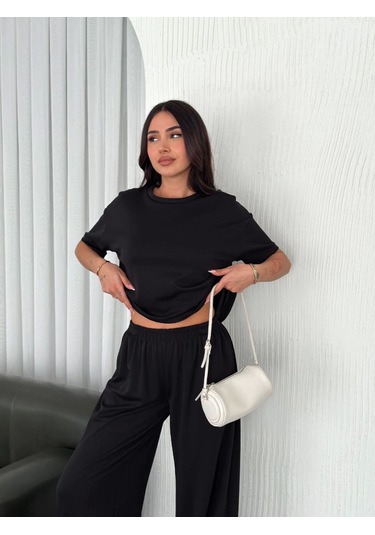 Osy Modal Yumuşak Dokulu Kumaş Bisiklet Yaka T-shirt Bol Paça Pantalon Ikili Takım -siyah Siyah