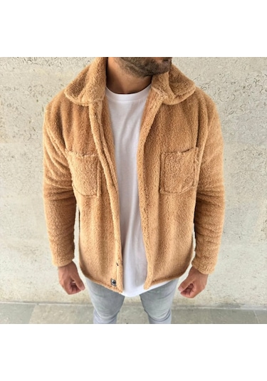 Erkek Pelüş Polar Hırka Gömlek Yakalı, İlik Düğmeli, Göğüs Cepli, Yumuşak Dokulu Kışlık Regular Fi Açık Kahve