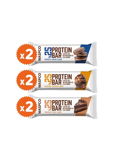 Waspco Bitter Çikolata Kaplı Protein Bar Karma Kutu 36G x 6 Adet 3 Çeşit