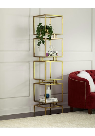 Olope Gold Metal 4 Raflı Kitaplık Çiçeklik Gümüşlük Duvar Rafı
