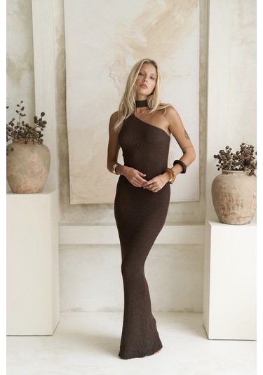 Kamalas Asimetrik Triko Kahve Uzun Elbise Kahve