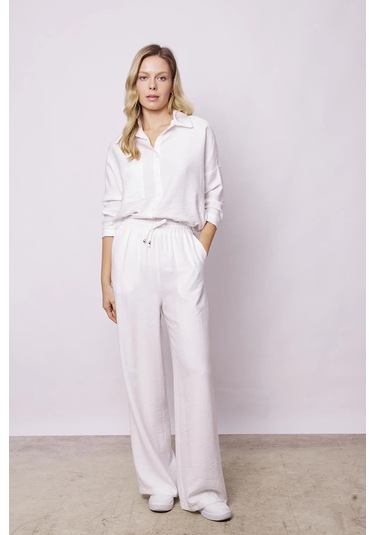 Kadın Keten Görünümlü Kolu Katlanabilir Rahat Kesim Uzun Tunik Gömlek-krem Krem