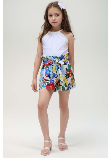 Riccotarz Kız Çocuk Renkli Flower Baskı Ve Halter Yaka White Bluz Şortlu Takım 001