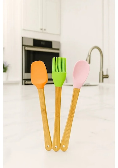 3'lü Renkli Bambu Saplı Silikon Spatula Seti Uzun 26cm Renkli