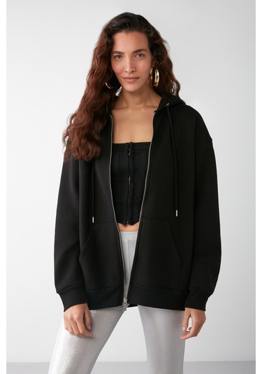 Alena Kadın Basic Kanguru Cepli Oversize Organik Pamuk Fermuarlı Kapüşonlu Siyah Sweatshirt