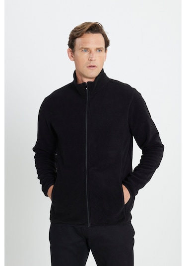 AC&Co / Altınyıldız Classics 4A5221100014SYH3XL Standart Fit Fermuarlı Bato Yaka Polar Erkek Ceket Siyah