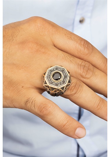 Özel Koleksiyon Ay Yıldız Motifli Korunma Duası Gümüş Erkek Yüzük -8416 Gümüş