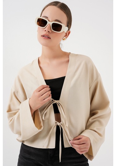 Bigdart Önü Bağlamalı Keten Kimono 960 - Krem