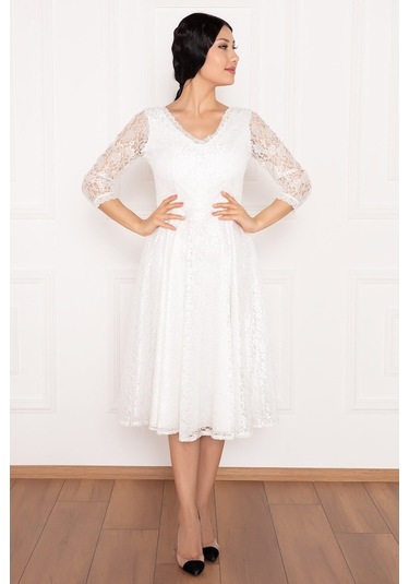 Kalopya Dantel Turvakar Kol Midi Abiye Elbise 13255 Ekru