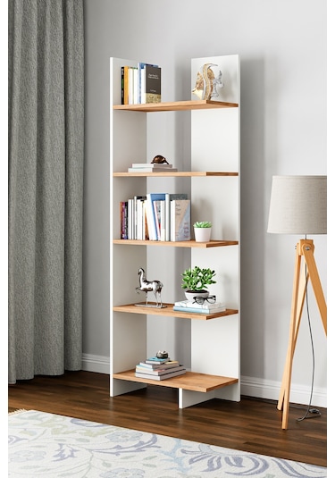 Asimetrik Beş Raflı Kitaplık Beyaz- Atlantik Çam