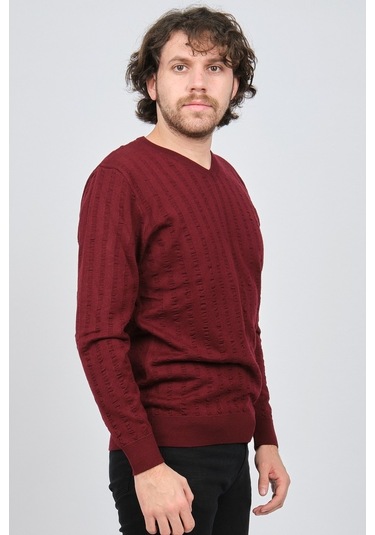Desen Triko Erkek V Yaka Yün Kazak 0249626 Bordo Bordo