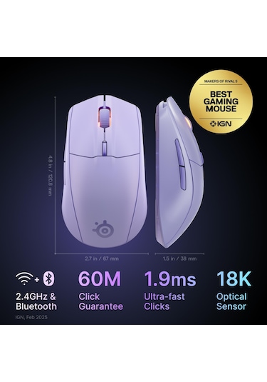 Steelseries Rival 3 Wireless Gen 2 Gaming Mouse - 2.4ghz Ve Bluetooth Bağlantı - Lila Rival 3