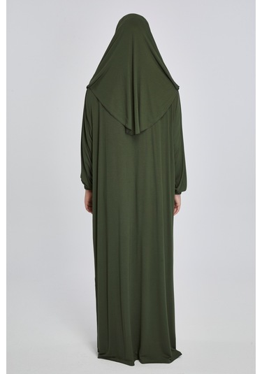 Pratik Başörtülü Rahat Giyilebilen Organik Tek Parça Namaz Elbisesi Haki
